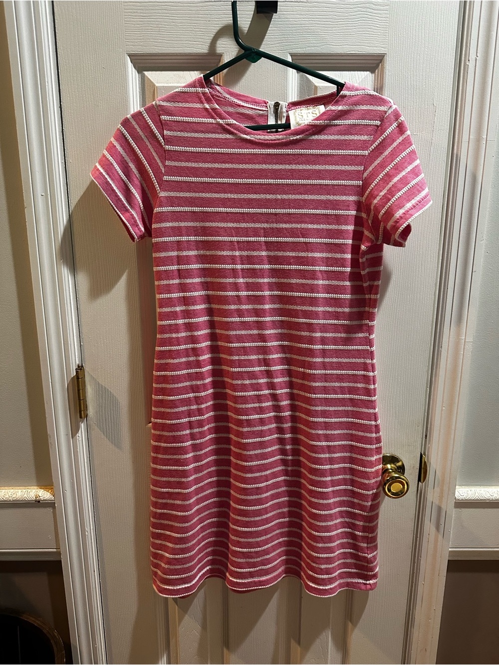 STS Sail To Sable Dress Pink White Stripes Short Sleeve Knee‎ Length Small EUC